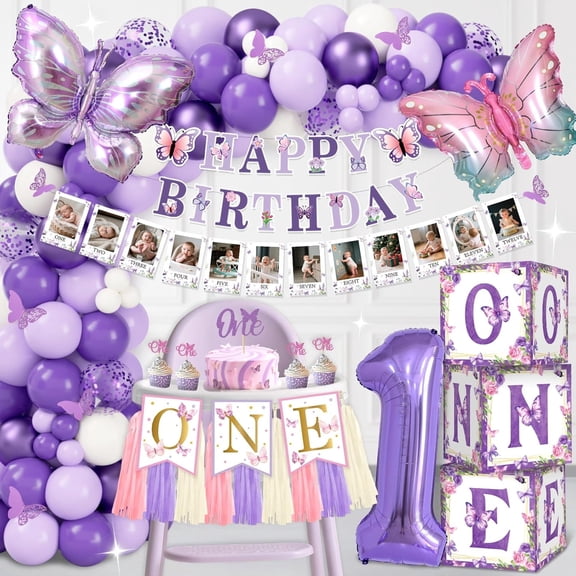 Butterfly First Birthday Decorations for Girl, 1st Birthday Decorations Girl Include Balloon Arch, Balloon Boxes, Highchair Banner, Photo Banner, Butterfly Stickers