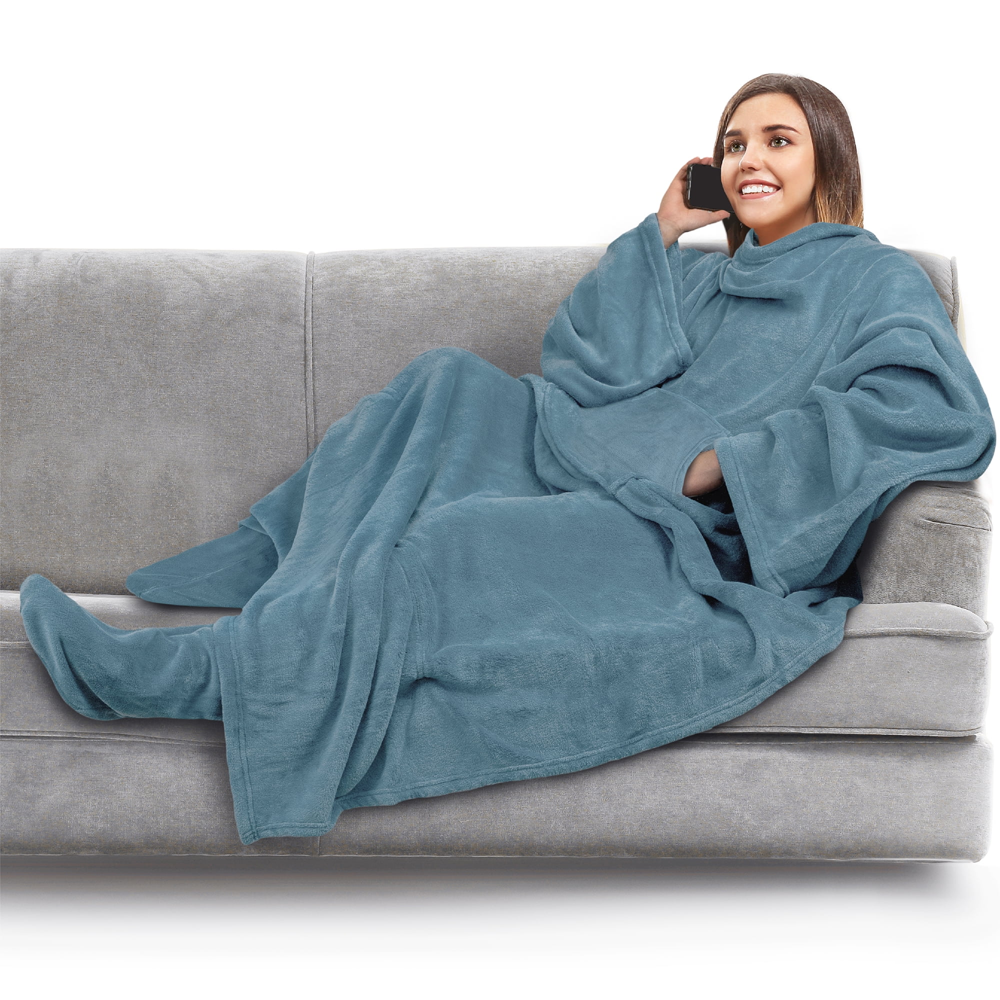 PAVILIA Fleece Blanket with Sleeves and Foot Pockets for Women Men