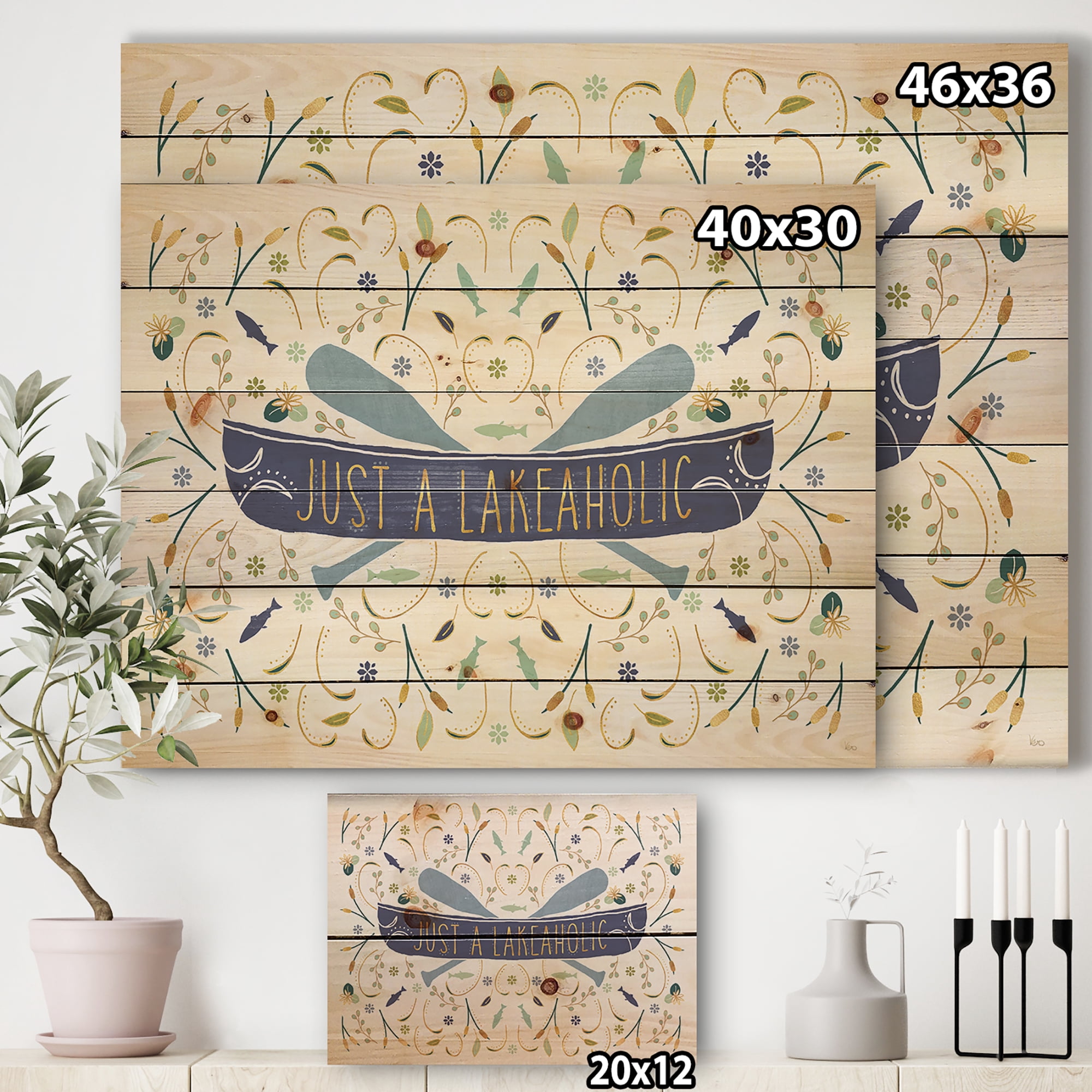 Designart 'Just a Lakeaholic Nautical Shapes' Lake House Print on Natural Pine Wood