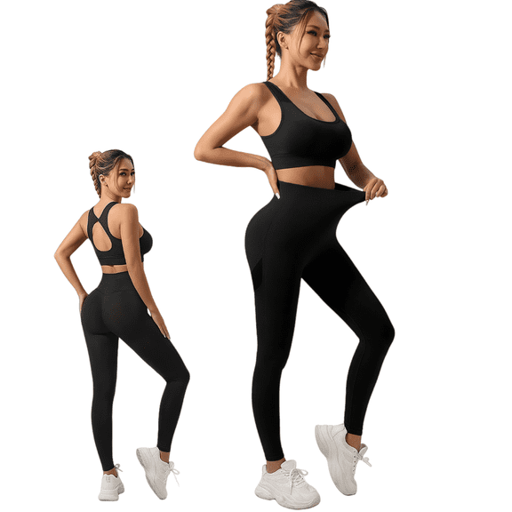 Women’s Yoga Outfits 2 Piece Sport Set High Waist Yoga Set Tank Top   High Waisted Running Short Pants Gym Clothes Tracksuit, Black, M