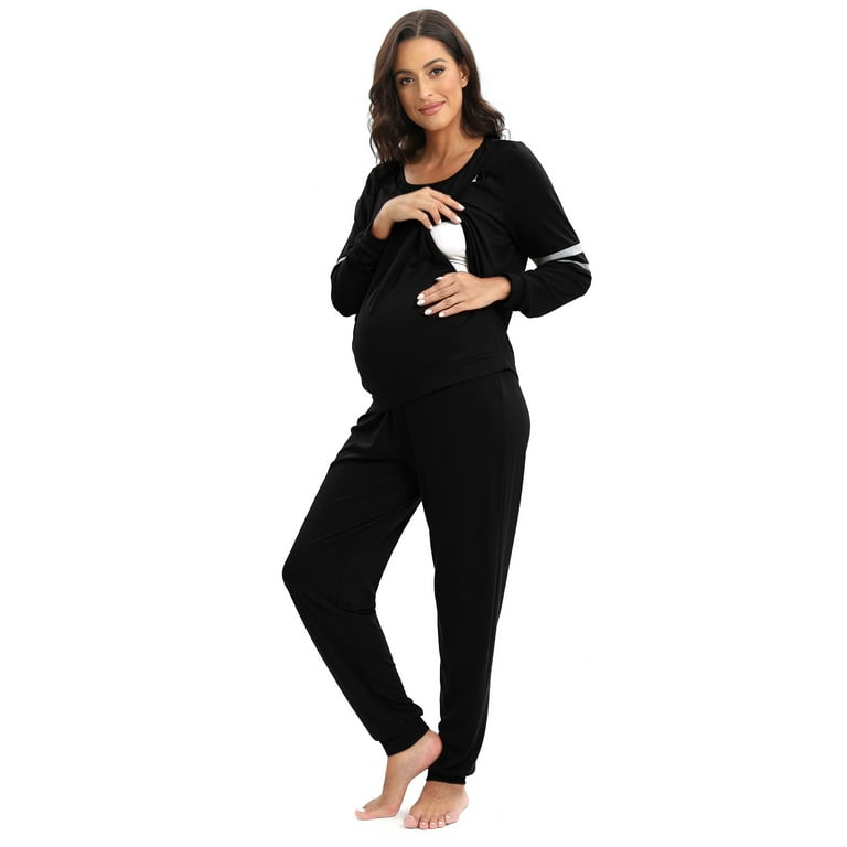 Women s Maternity Nursing Pajamas Set Double Layers Breastfeeding Sleepwear Set Long Sleeve Tops with Long Pants 2 Piece Lactating Loungewear Pjs Set