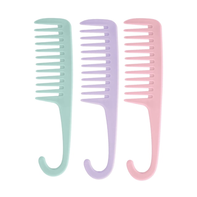 Detangling Comb Shower Comb set includes three pastel wide tooth combs in green, purple, and pink with circular wide tines and hanging hooks, designed to gently detangle wet or dry hair without breakage while protecting the scalp.