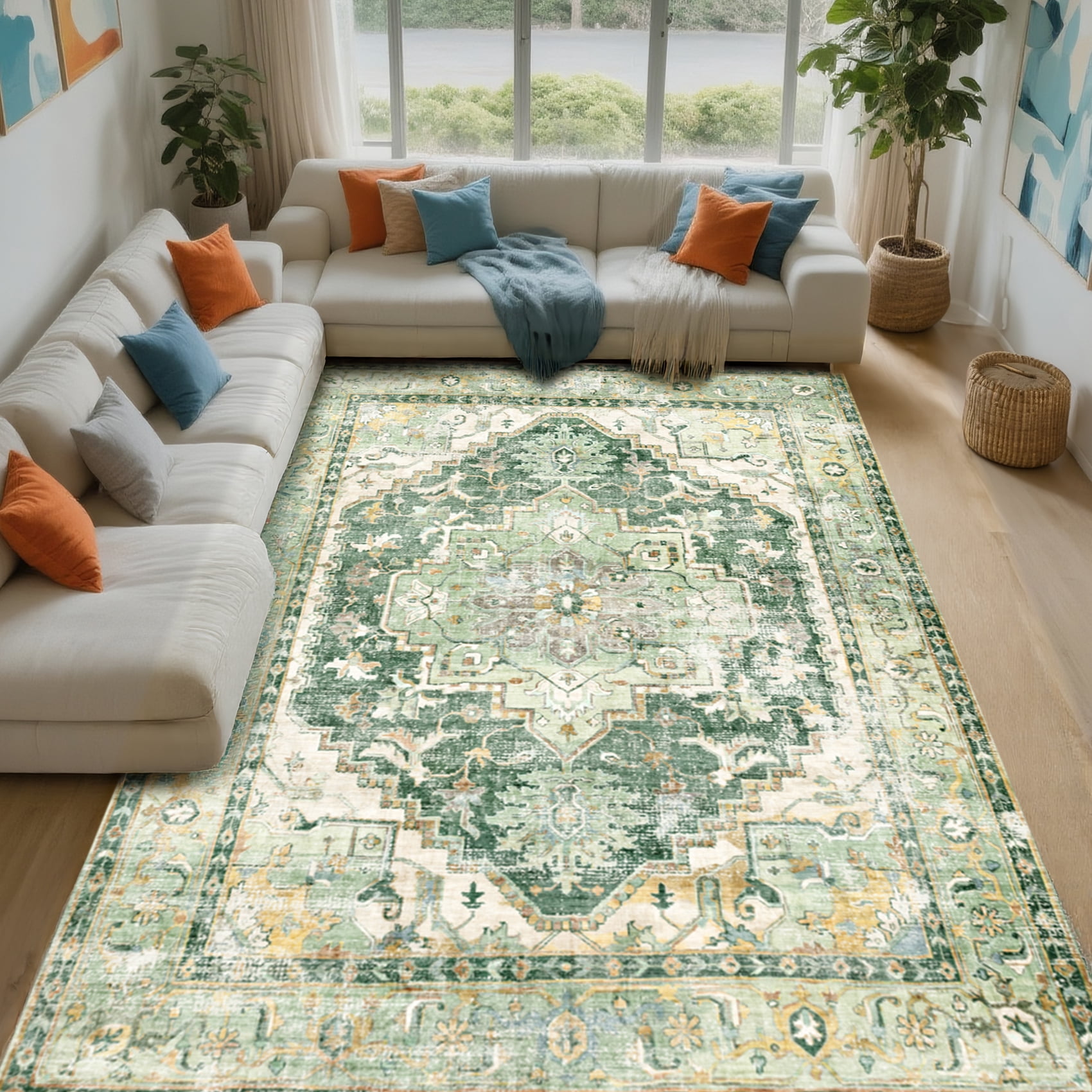 Rugs for Living Room 5x7, Non Slip Machine Washable Indoor Large Rug, Low Pile Chenille Print Mat for Bedroom Dining Room Home Office Kitchen, green