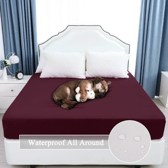 PiccoCasa Waterproof All Around Mattress Protector Microfiber Polyester Bed Fitted， Burgundy Queen