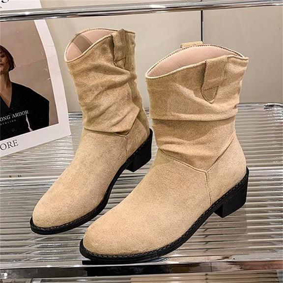 XIMIN Women's Mid Calf Boots Fashion Slouch Chunky Heel Side Zipper Retro Pointed Toe Ankle Booties Fur Lined Wide Width Riding Booties Dressy Casual Winter Boots