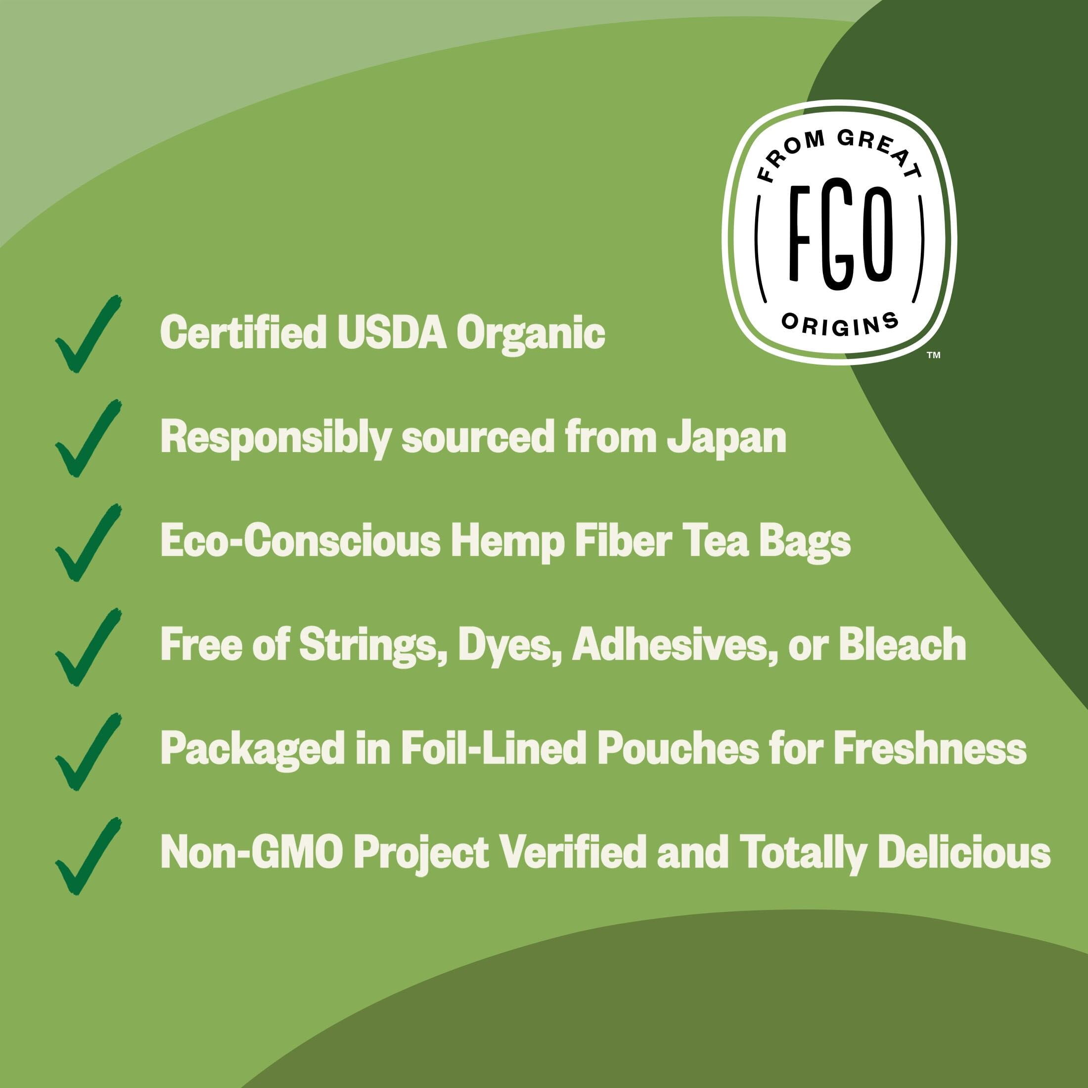 FGO Matcha + Green Tea Bags, Organic, Eco-Conscious (100 Count)
