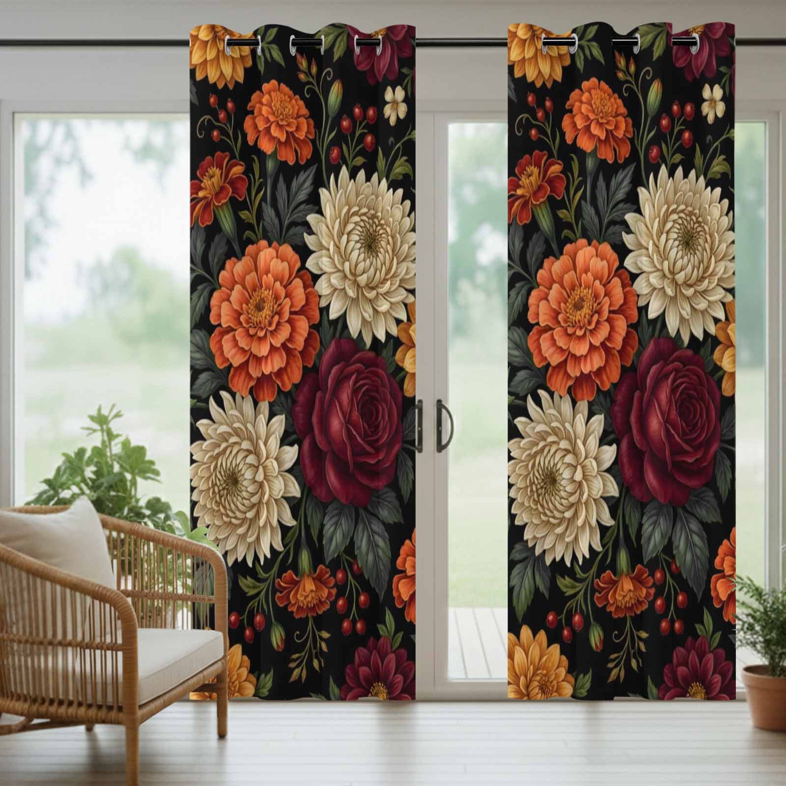 Dahlias Roses Outdoor Curtains for Patio, Country Watercolor Red Orange Flower Berry Green Leaf Sunshade Privacy Drapes Grommet Waterproof Outside Curtains for Porch/Cabana/Balcony 54"x 108", 1 Panel