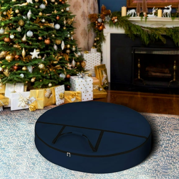 COVERS&ALL Christmas Wreath Storage Bag 12 Oz with Carrying Handle & Dual Zipper - 100% Water Resistant Durable Material Storage Bag - Holiday Xmas Tear Resistant Bag (24" Dia x 7" H, Blue)