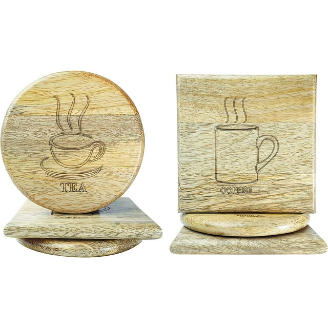Crocon Wooden Coaster for Coffee Cups Glass & Can Table Decor | Wooden Coaster Set of 6 | 3 Round Tea & 3 Square Coffee Style Coaster Set | Handmade Design for Mug & Cup | Kitchen Accessories