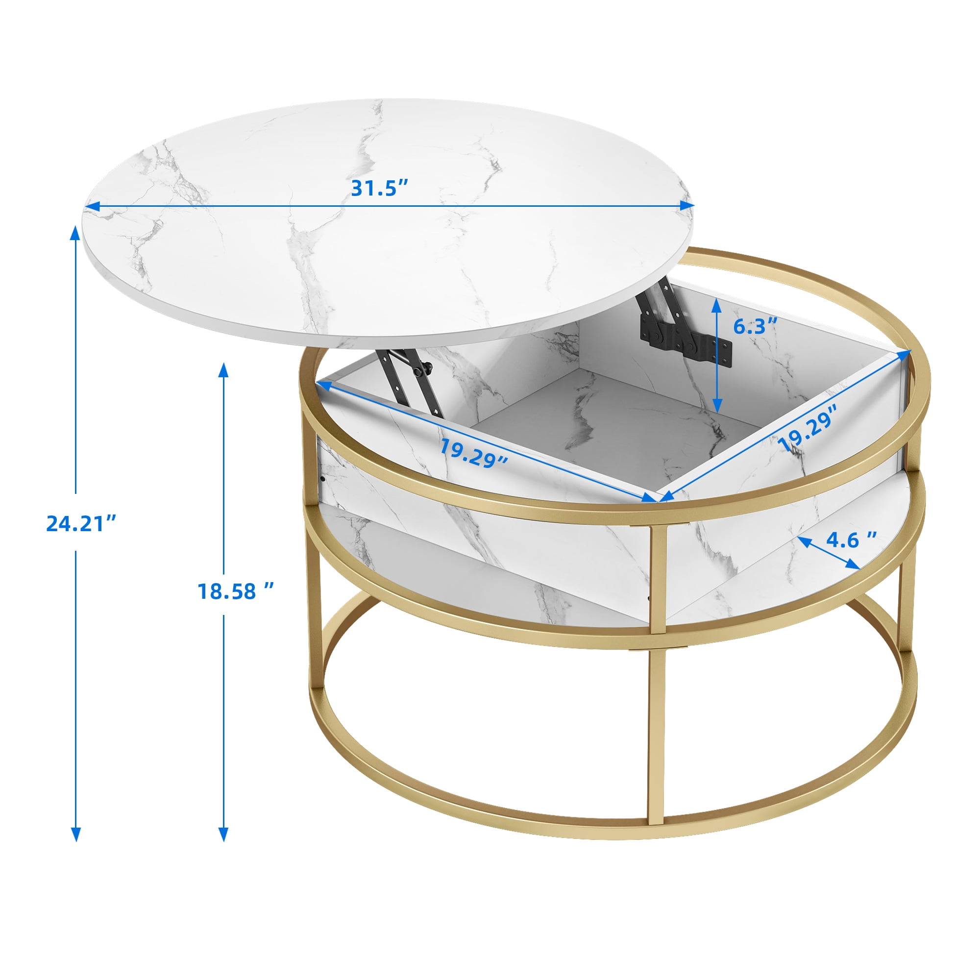 DEXTRUS Modern Lift-Top Round Coffee Table with Storage, Marble White, for Living Room & Office