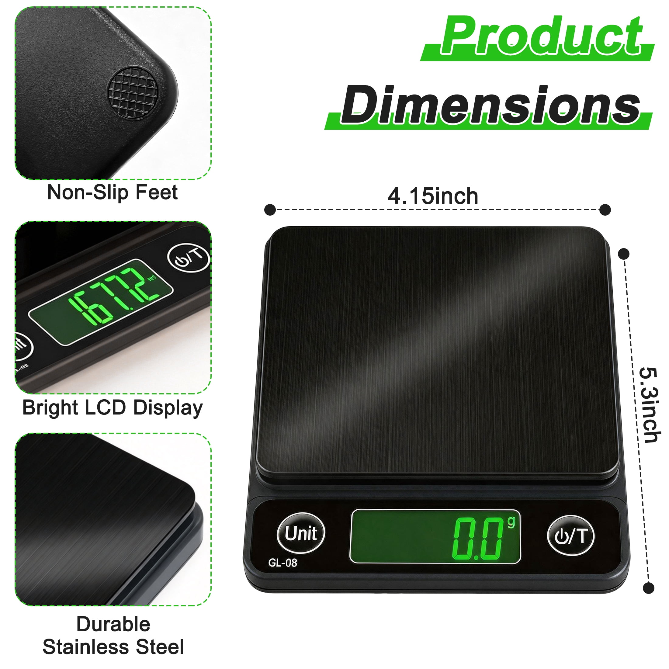 GARITIN 0.1g High Precision Digital Food Scale, Stainless Steel Kitchen Scale with LCD Display, Tare Function 7 Units Conversion for Baking Diet Pet Food