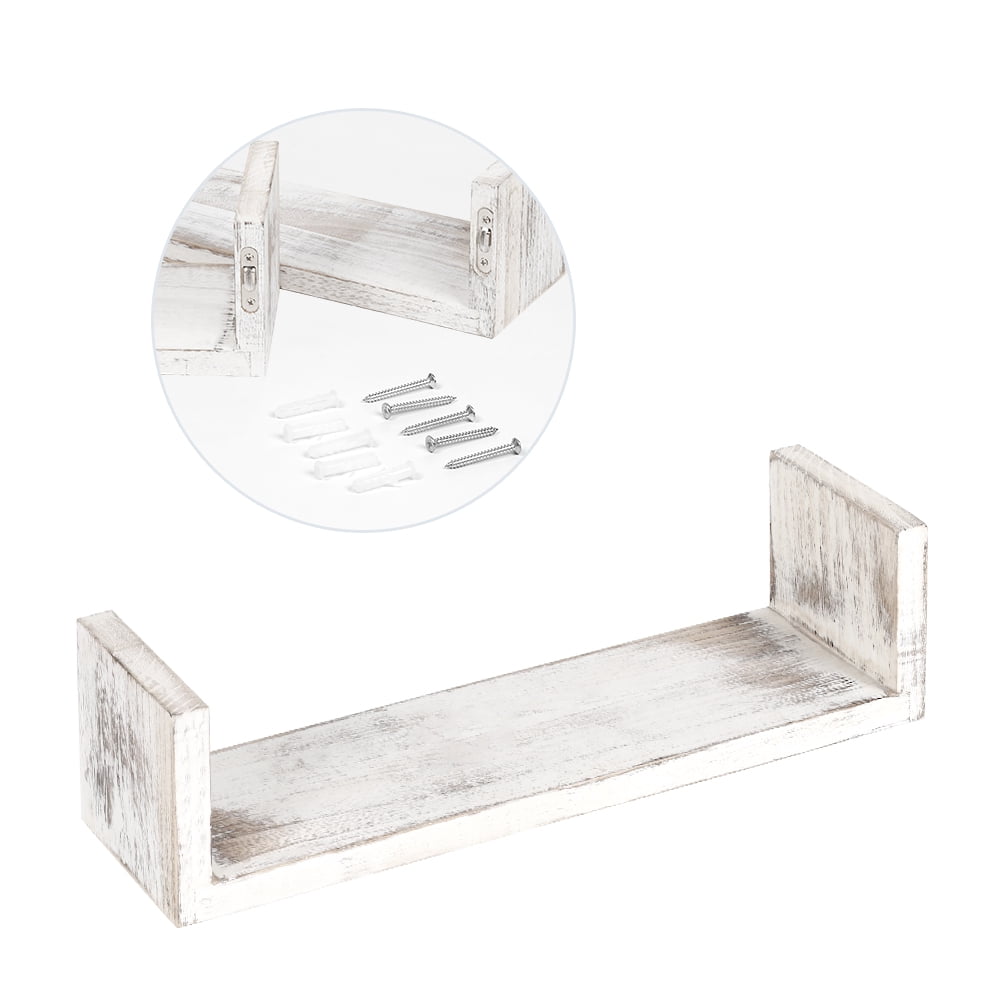 LIANTRAL NEX 2 Pack U Shape Wood Floating Shelf with Magnetic Key Holder Distressed White