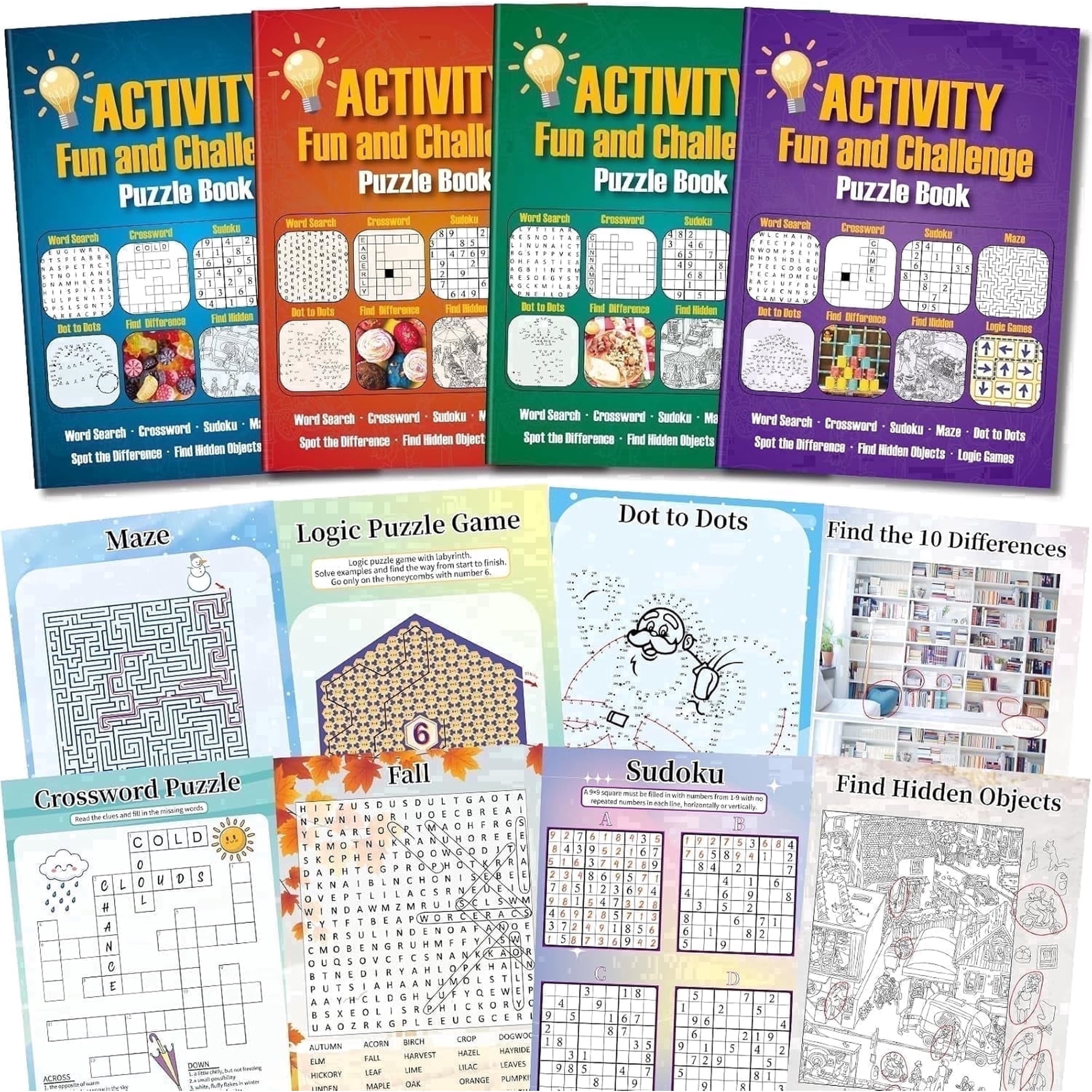 Kalysky 4 Pack Adult Brain Game Activity Books Set, 200+ Mixed Puzzles, Portable Screen‑Free Entertainment, Ideal Gift for Adults & Seniors