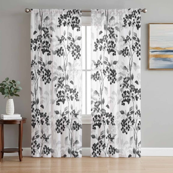 Sheer Curtains 63 Inch Length 2 Panels Set for Bedroom, Black Gray Fruit Semi Sheer Curtains for Windows, Vintage Plant Nature Botanical Flower Voile Window Treatments Rod Pocket Curtain