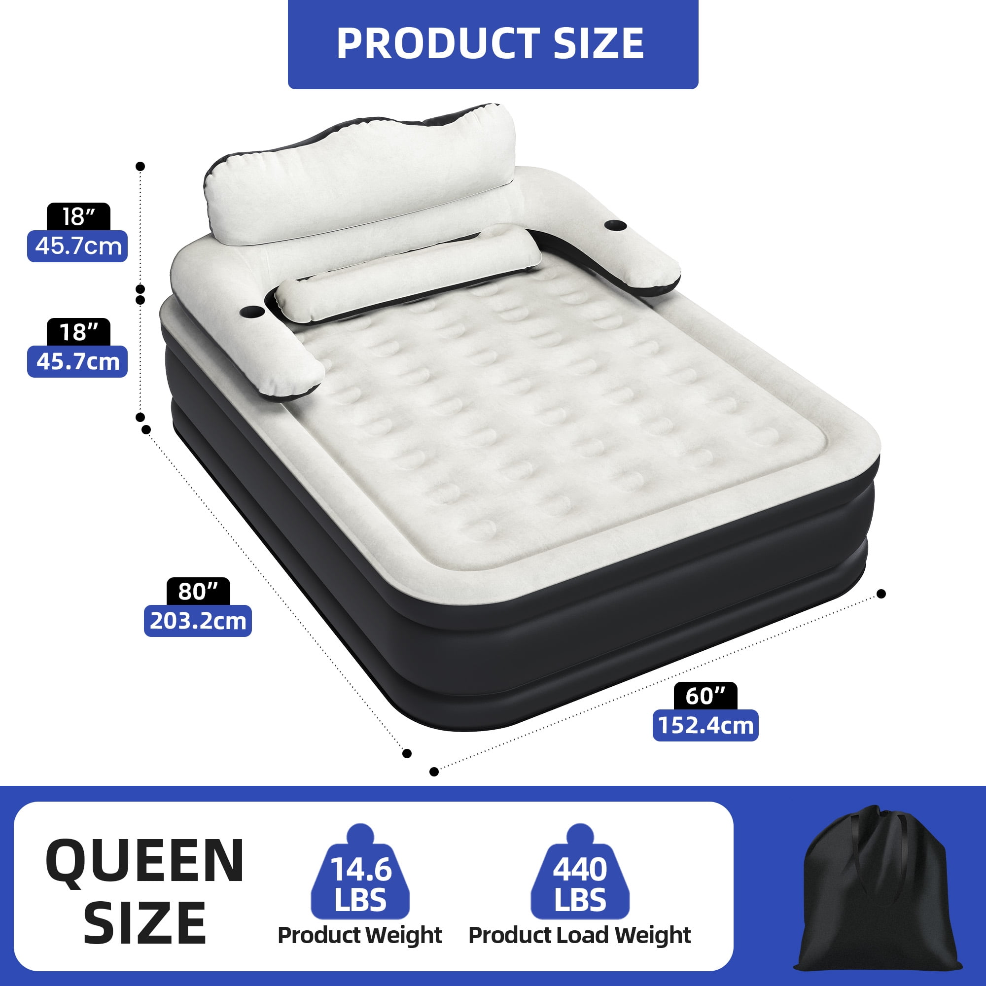 Uforic Queen Size Air Bed with Detachable Headboard & Integrated Pump, 18in Inflatable Mattress with Accessories for Home, Outdoors, and Travel