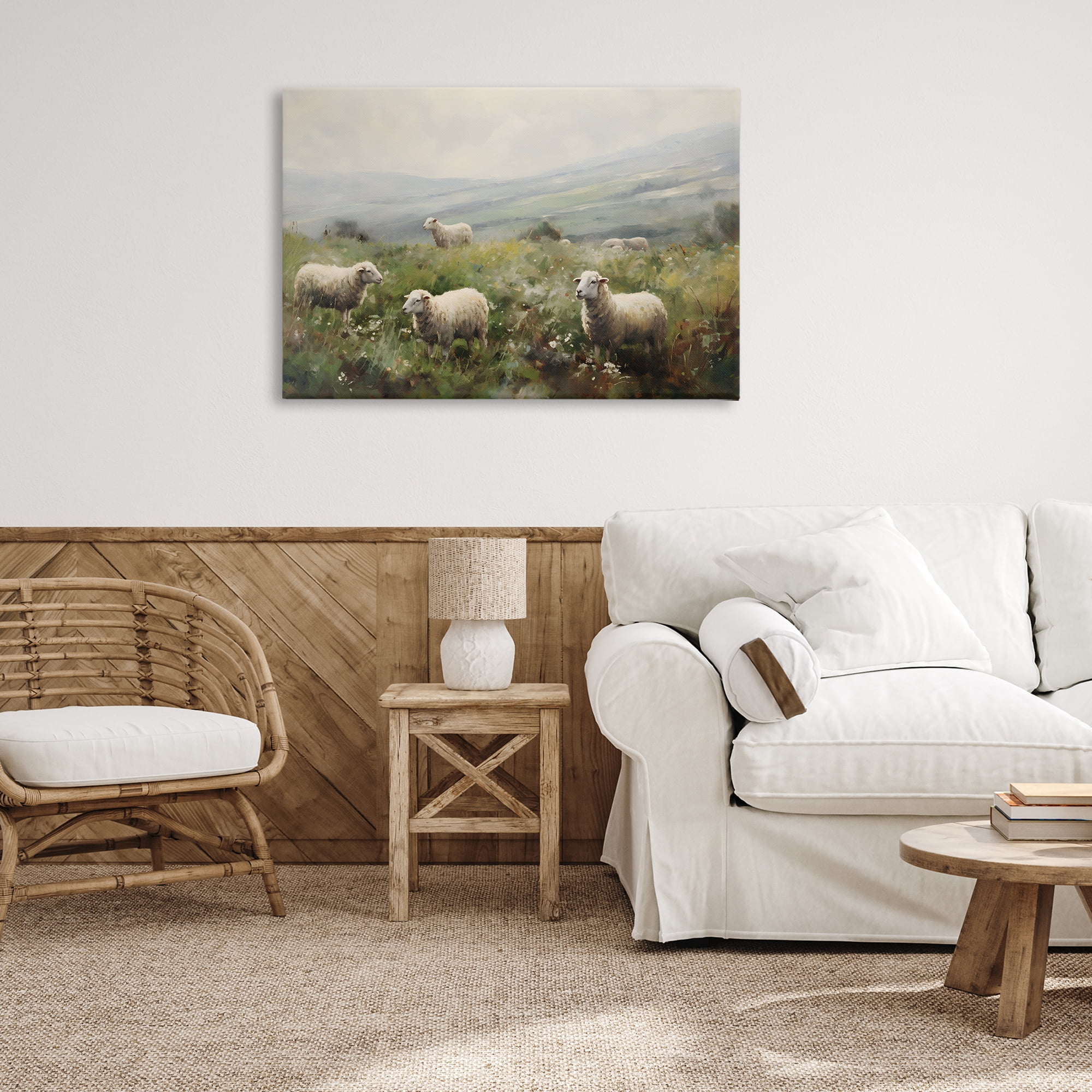 Stupell Industries Misty Sheep Pasture Landscape & Nature Painting Wrapped Canvas Art Print Wall Art, 36 x 24
