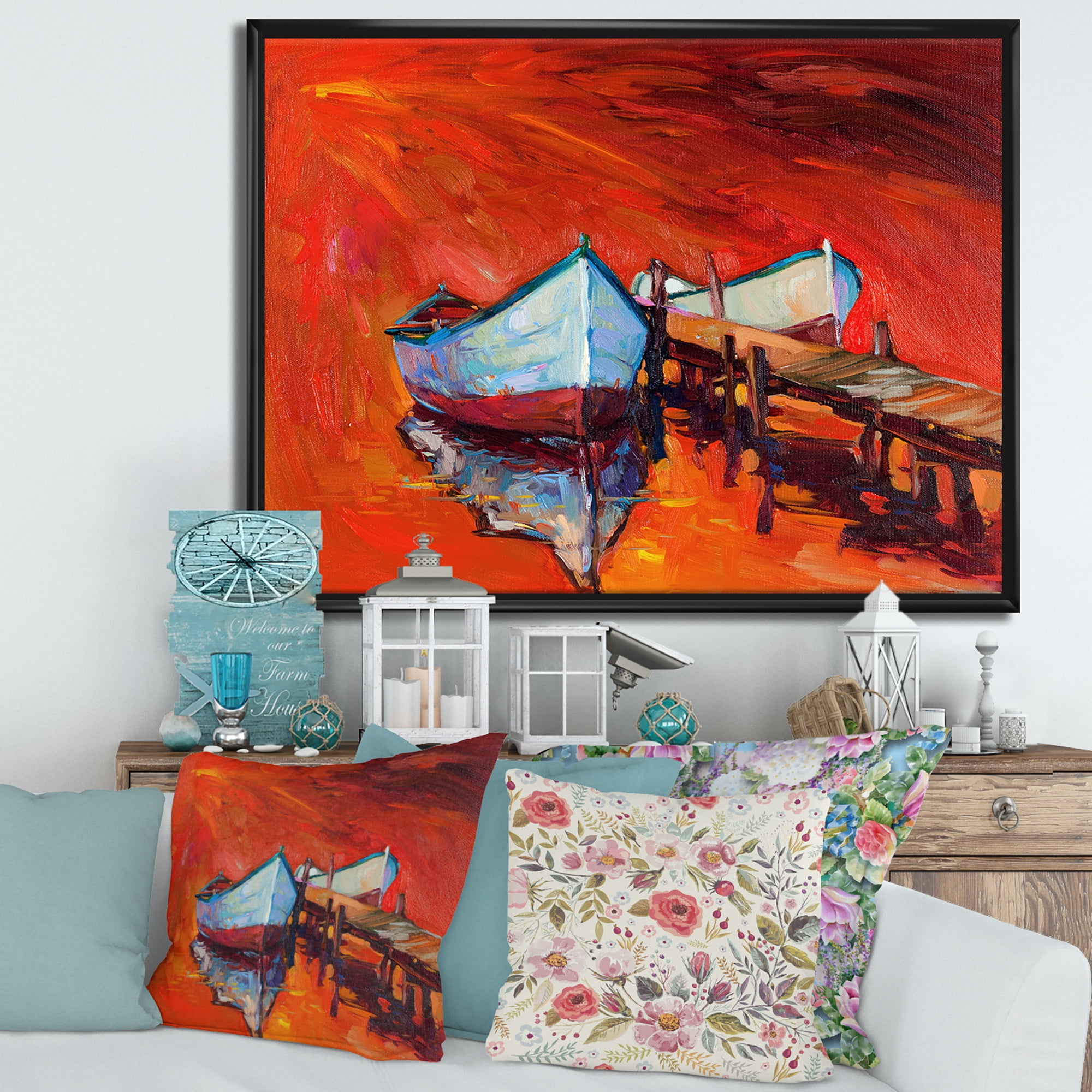 Boats Near Coastal Town Resting On The Water IV 32 in x 24 in Framed Painting Canvas Art Print, by Designart