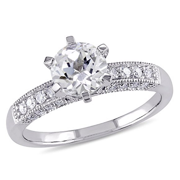 Miabella Bague de Fiançailles en Or Blanc 10k avec Diamant 1/4 CT TW et Saphir Blanc Créé