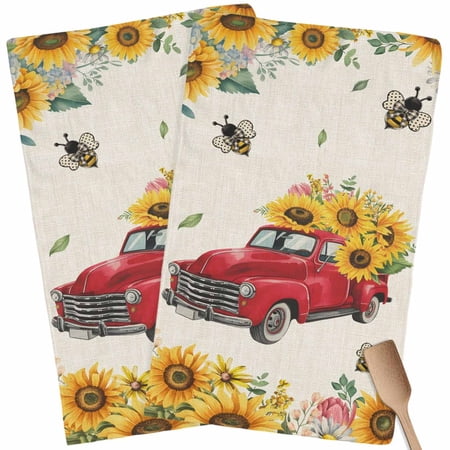 Kitchen Towels Set of 2 Sunflower Red Truck Dish Towels and Dishcloths Sets Tea Towel Farmhouse Bee Flowers Absorbent Hand Towels for Kitchen Bathroom Drying Cleaning Baking Home Decor