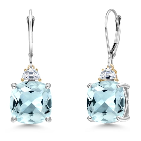 Gem Stone King 925 Silver and 10K Yellow Gold Sky Blue Simulated Aquamarine and White Moissanite Dangle Earrings for Women | 12.46 Cttw | Gemstone March Birthstone | Cushion 12MM