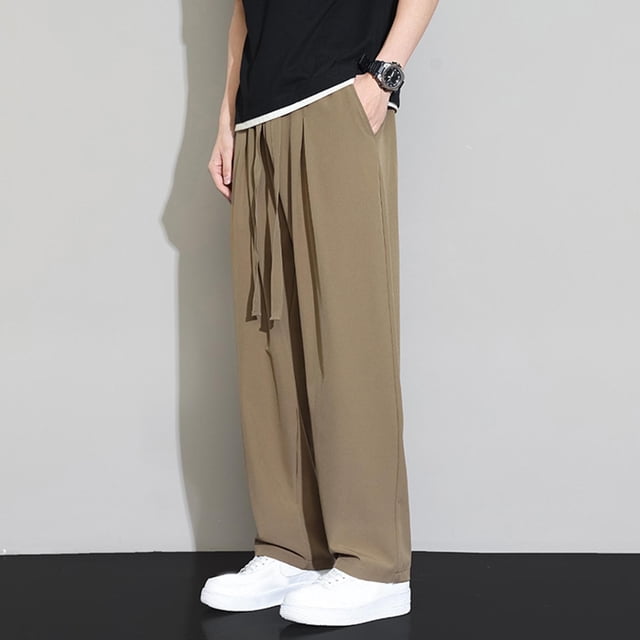 Pantalones largos de poliéster para hombre, moda informal, color liso, rectos, con bolsillos y cordón ajustable.