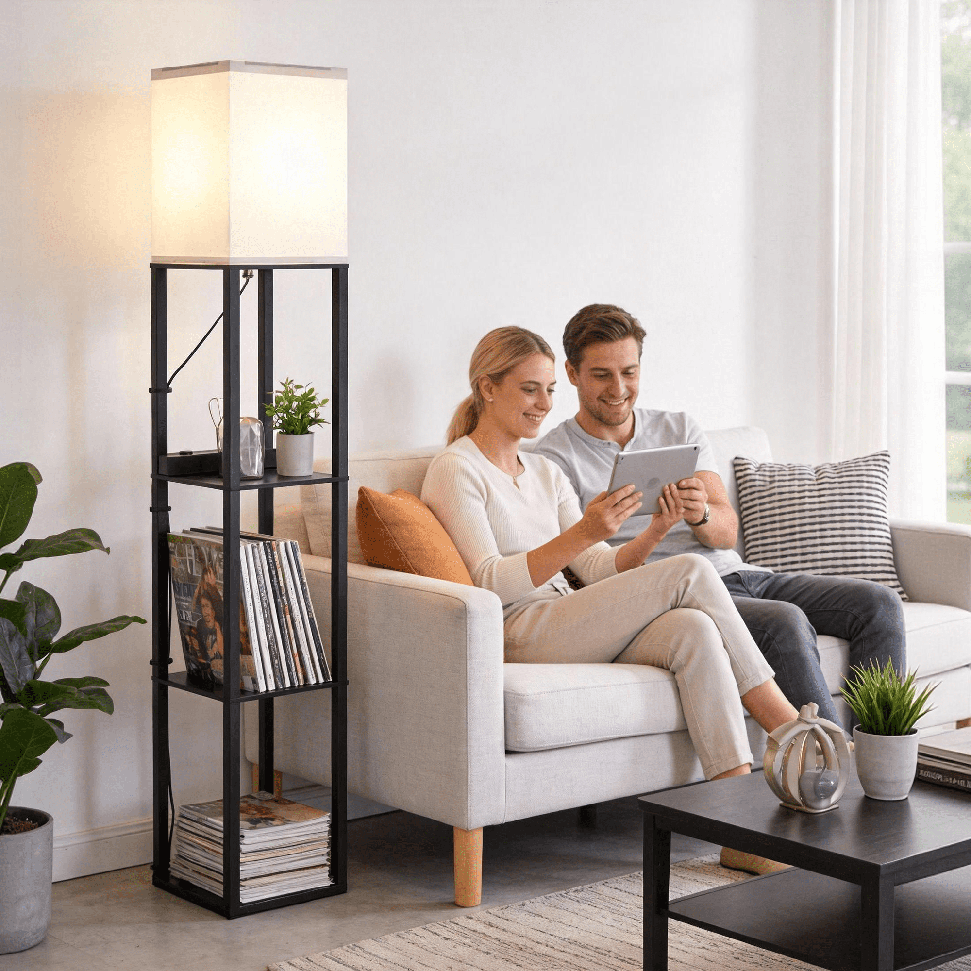 Homechoose Modern Shelf Floor Lamp with Charging Station, Stepless Dimming, Remote & App Control, 3-Tier Storage, 2500K–6000K Adjustable, Walnut Black