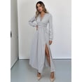 thumbnail image 6 of Women Deep V Neck Long Sleeve Slit Fall Elegant Formal Wedding Guest Evening Date Prom Maxi Long Dress Light Grey S, 6 of 9