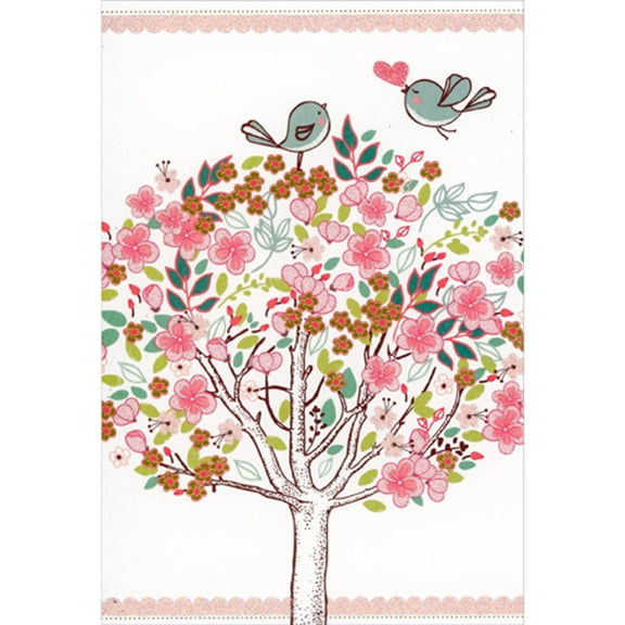 Pictura Blue Lovebirds on Top of Tree with Sparkling Pink and Gold Foil Flowers Wedding Anniversary Card