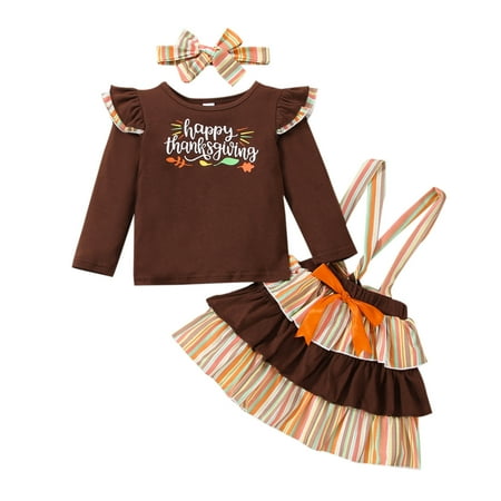 

Baby Fit Thanksgiving Toddler Kids Baby Girls Long Ruffled Sleeve Letter Sweatshirt Blouse Tops Striped Patchwork Suspender Skirt With Headbands Outfits Set 3PCS 5t T Shirt Girl