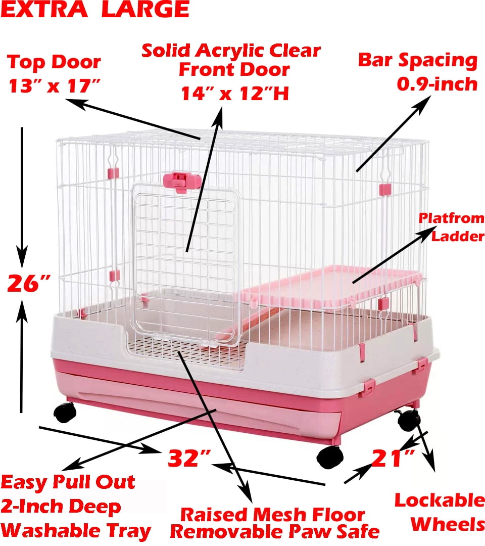 Extra Large Pink 2-Level Indoor Small Animal Pet Cage for Guinea Pig Ferret Chinchilla Cat Playpen Rabbit Hutch with Solid Platform & Ramp Leakproof Litter Tray 2 Large Access Doors Lockable Casters