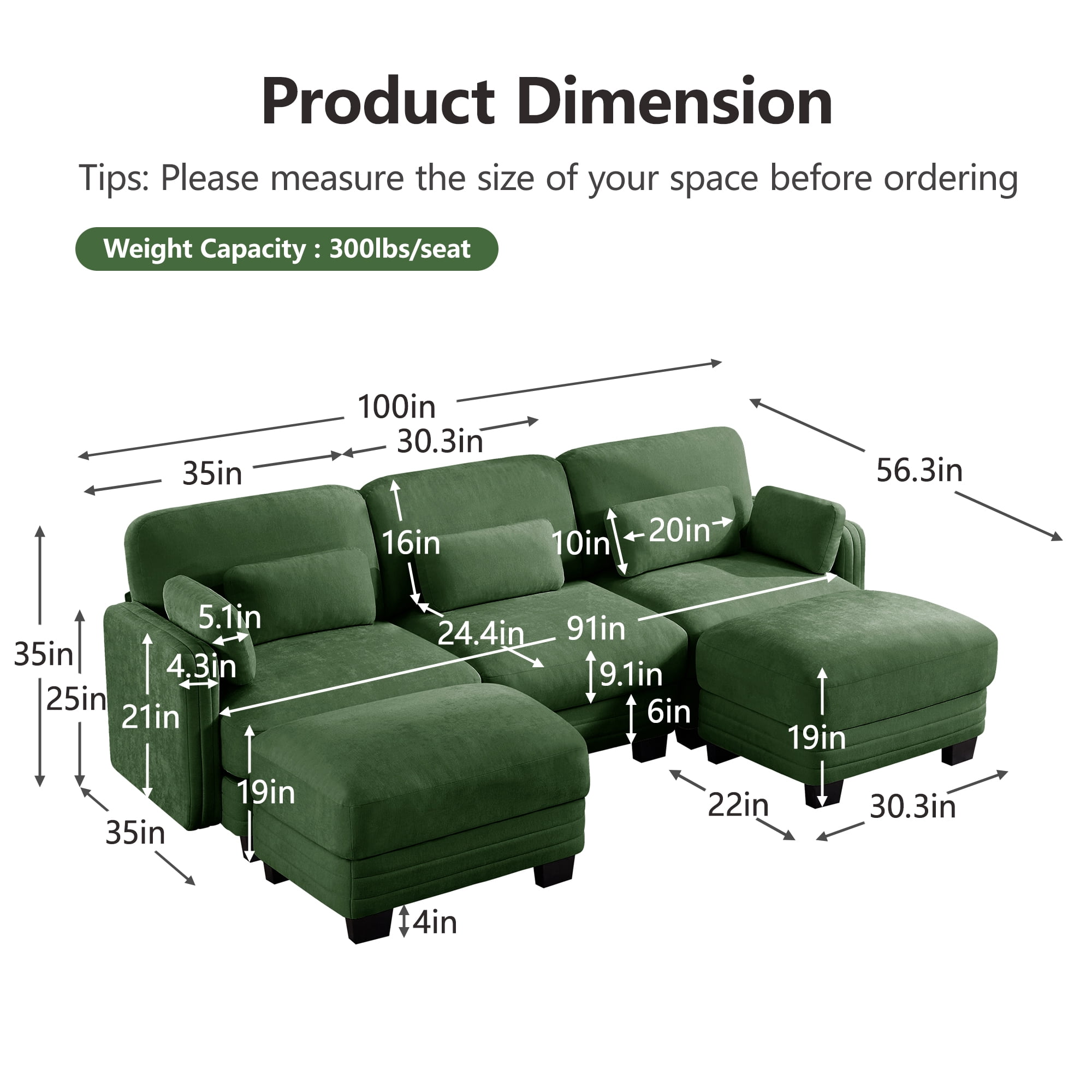 100" U-shaped Tufted Modern Modular Sectional 3 Seater Sofa Couch with 2 Ottomans and 5 Pillows