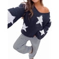 thumbnail image 3 of Women'S Star Pattern V-Neck Batwing Sleeve Off-Shoulder Casual Sweater Pullover Dark Blue M, 3 of 9