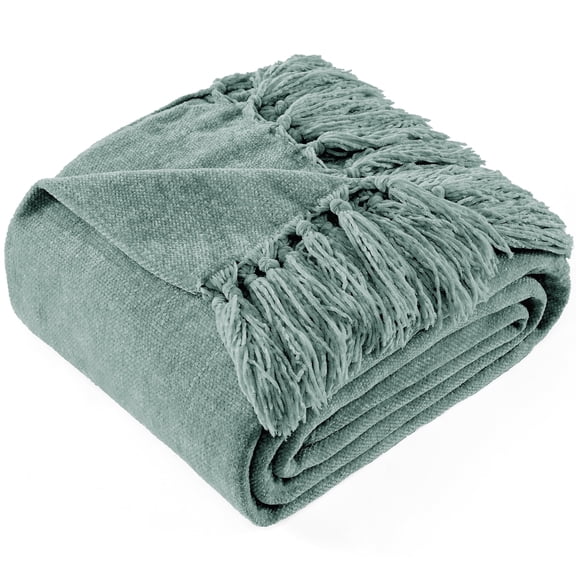 LONG CREATE Chenille Throw Blanket with Fringe Tassel for Couch Sofa Chair Bed, Sage Green 50" X 70"
