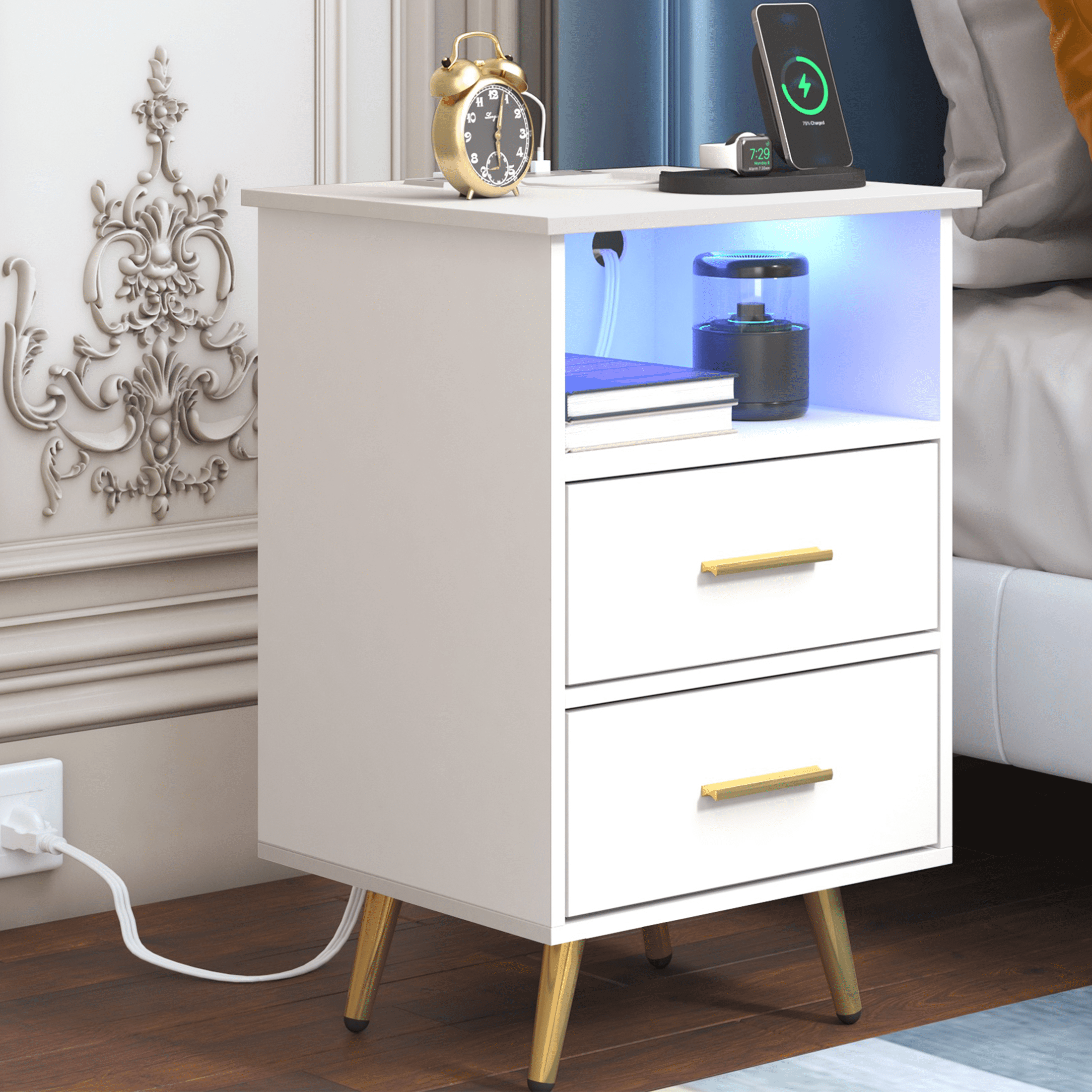 UHOMEPRO White Nightstand with Charging Station, Bedside Table with LED Lights Strips, Modern End Side Table, Versatile Nightstand with Drawers, Side Table for Home and Office