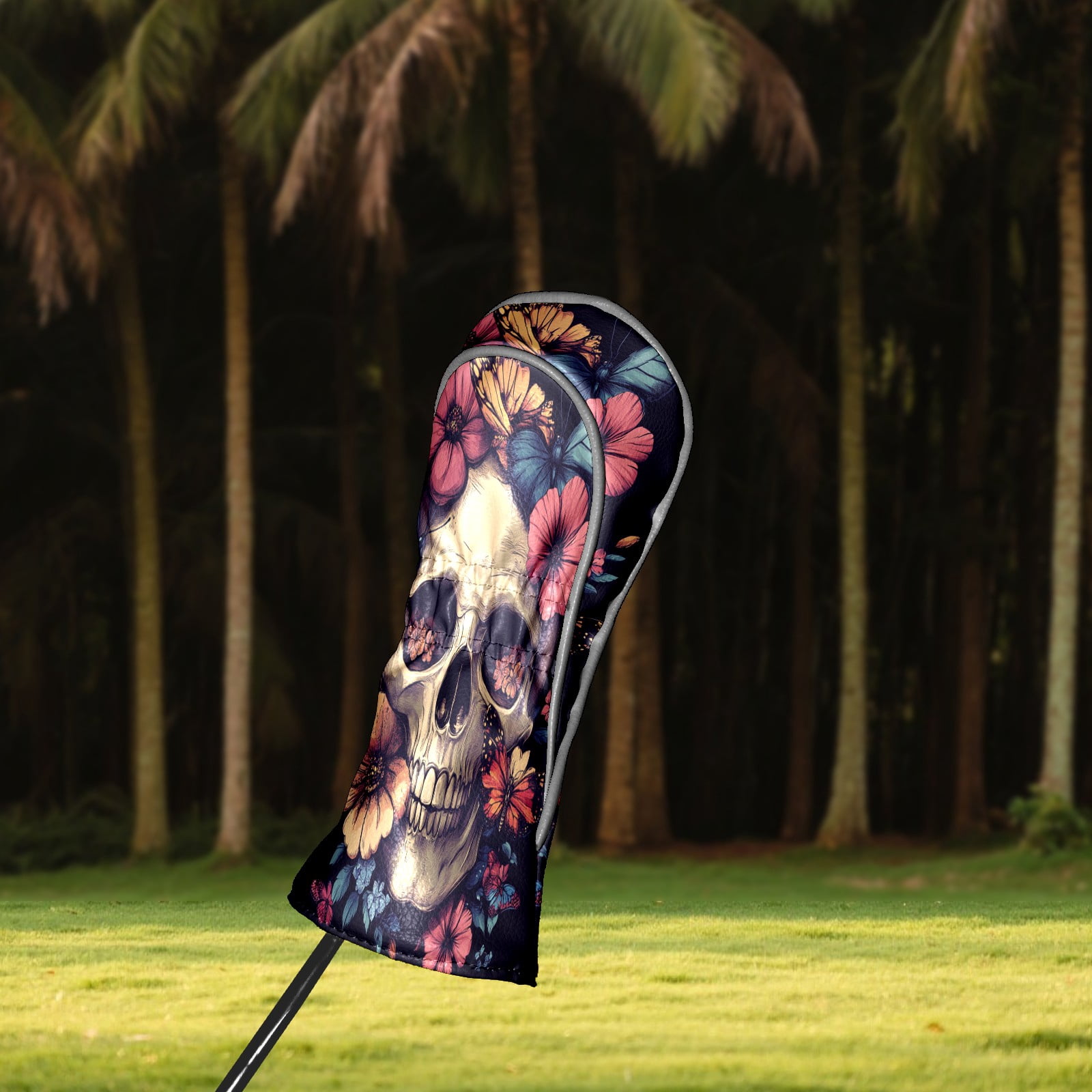 Golf Club Covers PU Leather Waterproof Head Covers for Fairway Woods Hybrids Skull With Butterflies and Flowers
