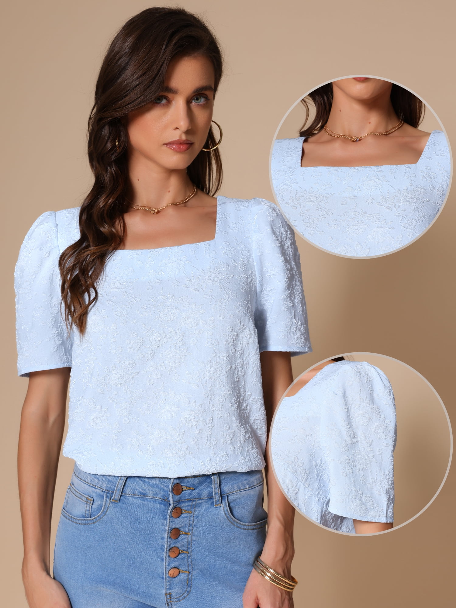 DARING DIVA Women's Embroidery Short Puff Sleeve Casual Blouse S Blue