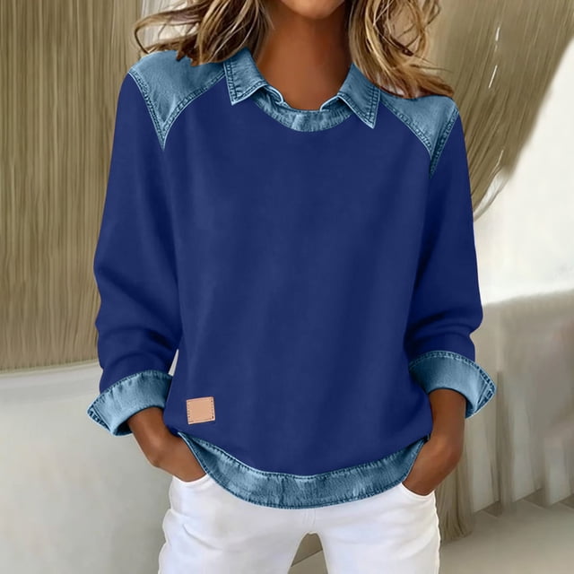 Craaazy Women's Casual Long Sleeved Lapel Denim Patchwork Pullover Tops Gifts