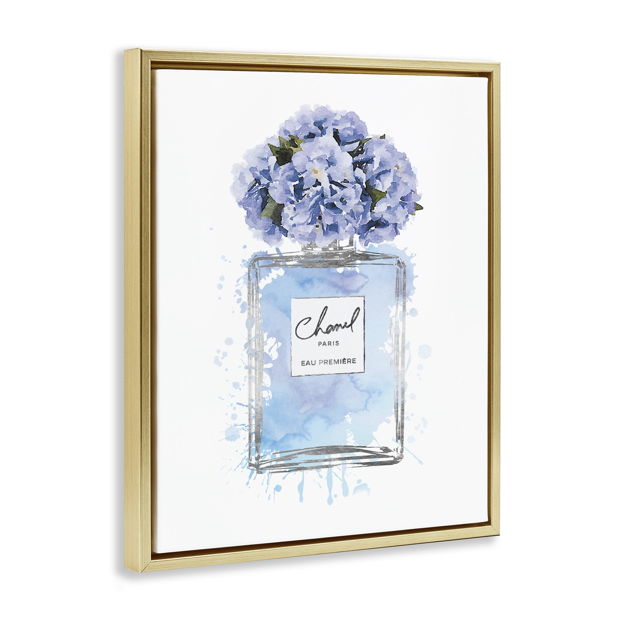 Stupell Industries Blue Flowers Perfume Bottle Beauty & Fashion Painting Gold Floater Framed Canvas Art Print Wall Art, 17 x 21