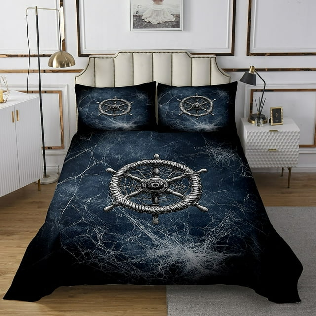 Nautical Rudder Queen Size Retro Navy Black Spider Web Trippy Quilted 3 Pieces Coverlet Set with 2 Pillowcases Navigation Ocean Adventure Theme Psychedelic Bedding Quilt for Room Decor
