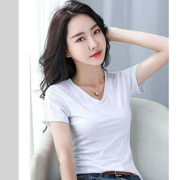 PIKADINGNIS Camisa Feminina V-Neck T Shirt Women Tops Short Sleeve T-Shirt Female Cotton Tshirt Tees Korean Poleras Mujer - Walmart.com