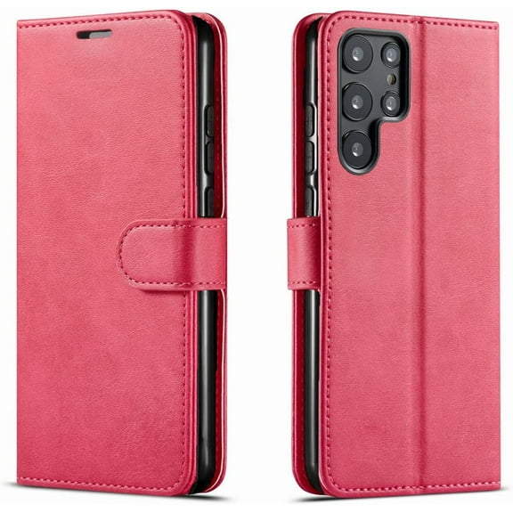 Starshop Case for Samsung Galaxy S22 Ultra,  Screen Protector, Premium Leather Wallet Pocket Credit Card Slots-Pink