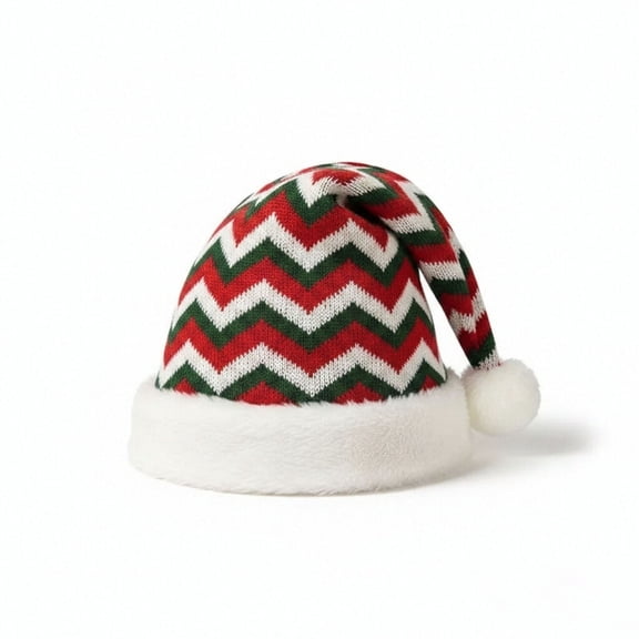 Chevron Knit Santa Hat Red Green White Pom Pom Holiday Christmas Hat