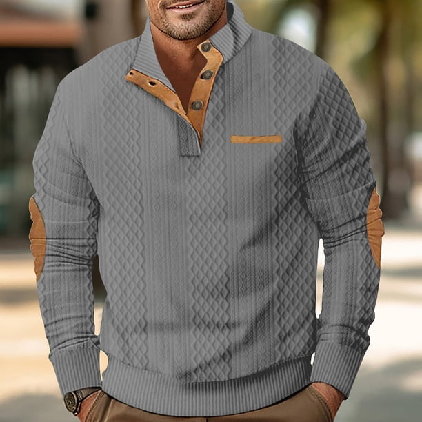 pstuiky camisa de manga larga para hombre, Blusa de manga larga con botones y cuello redondo de color liso para hombre Tops de hombre s