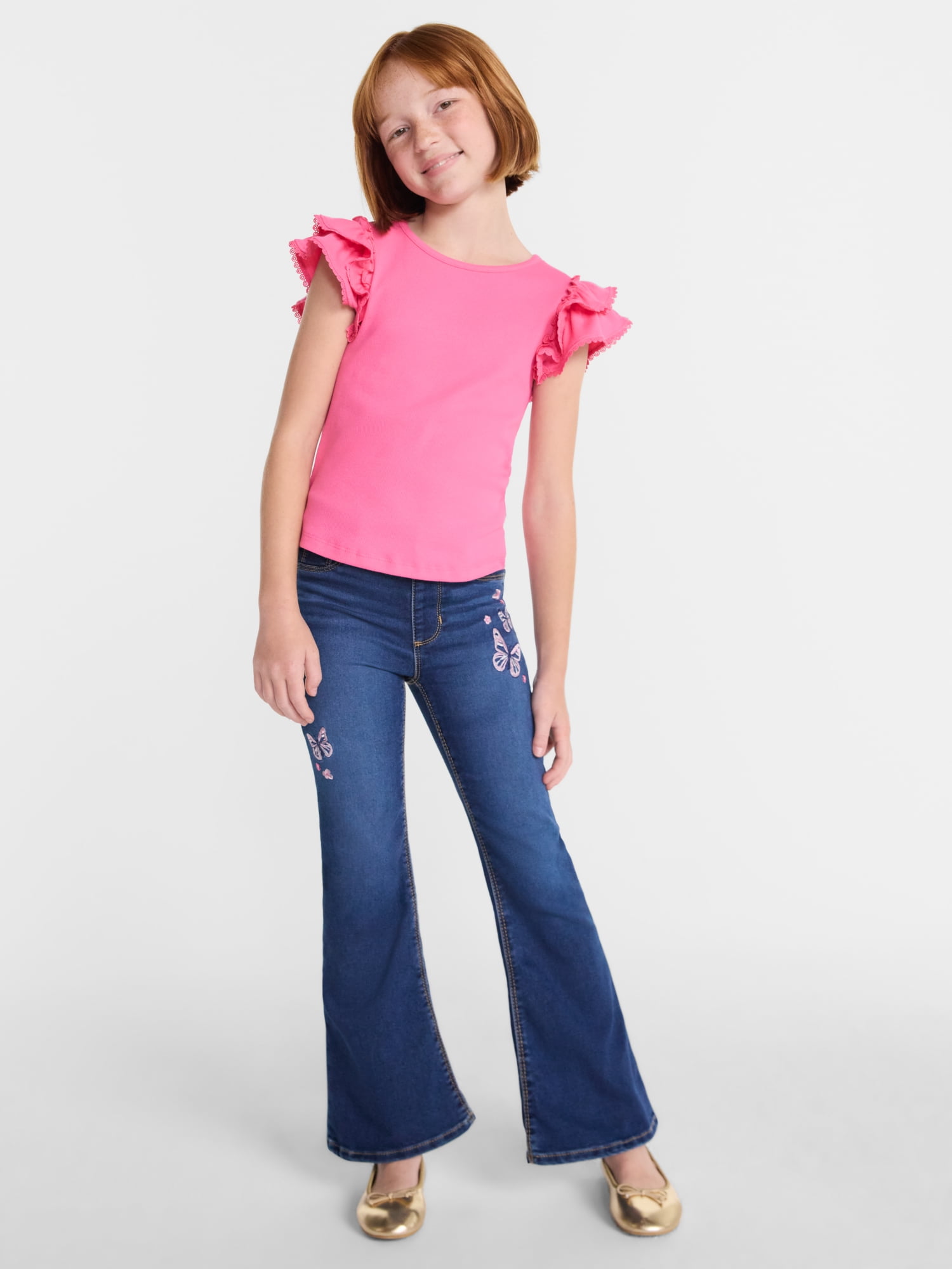 Wonder Nation Girls' Ribbed Top with Short Ruffle Sleeves, Sizes 4-18 & Plus