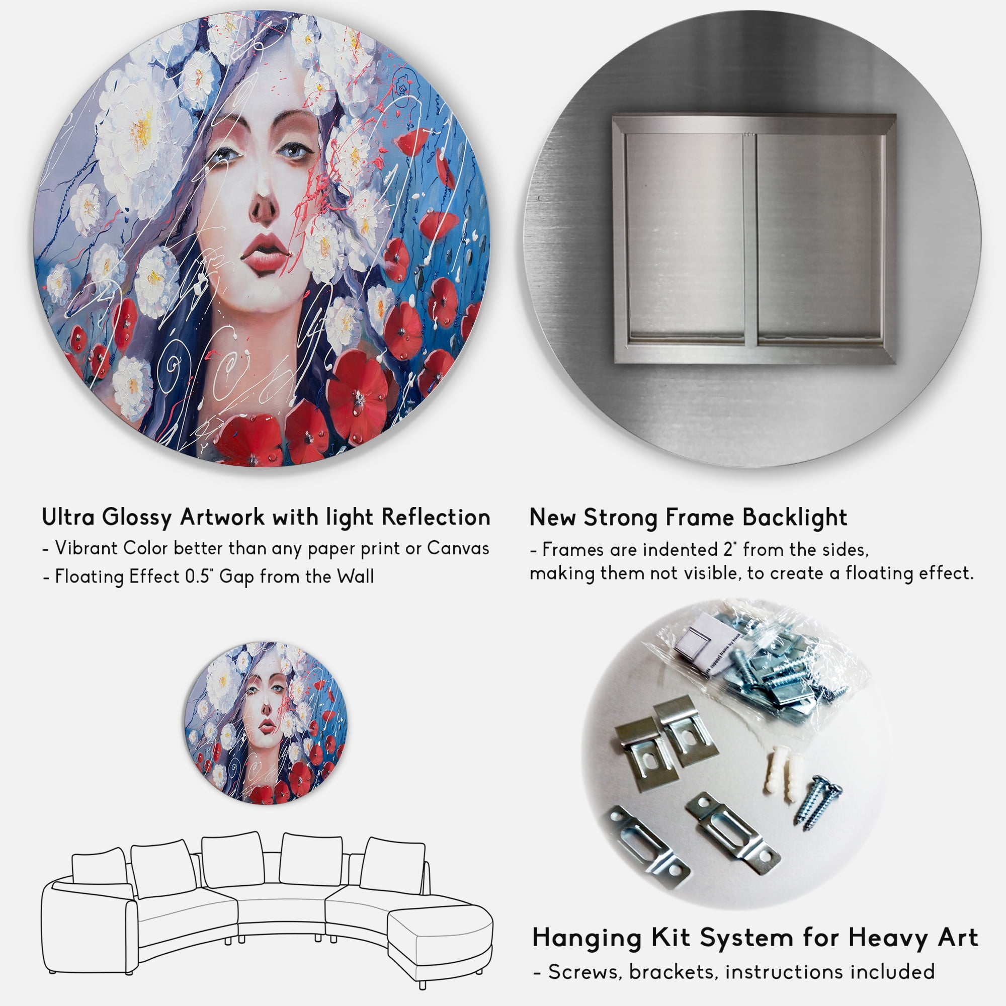 Designart 'Portrait Of A Young Lady With Red & White Flowers' Traditional Circle Metal Wall Art 11x11 - Disc of 11