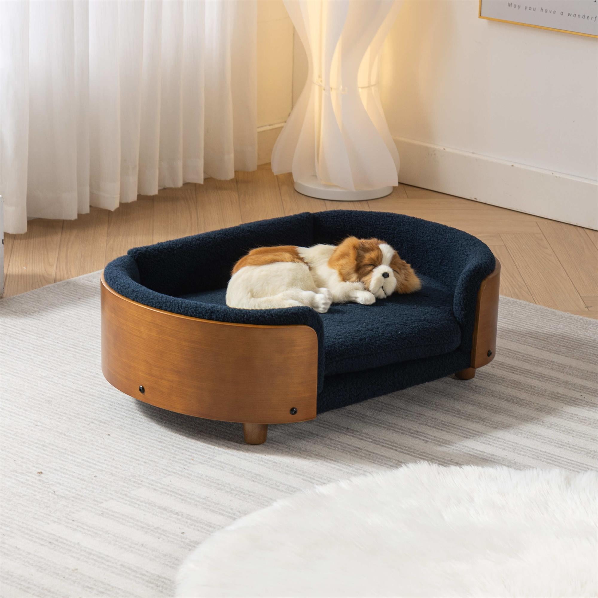 Pefilos 30" Elevated Pet Dog Bed with Solid Wood Legs and Walnut Bent Wood Back, Cashmere Cushion, Pet Sofa for Indoors Dogs, Dark Blue Pefilos 30" Elevated Pet Dog Bed with Solid Wood Legs and Walnut Bent Wood Back, Cashmere Cushion, Pet Sofa for Indoors Dogs, Dark Blue