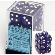 Chessex Dice d6 Sets: Blue with White Translucent - 16mm Six Sided Die (12) Block of Dice