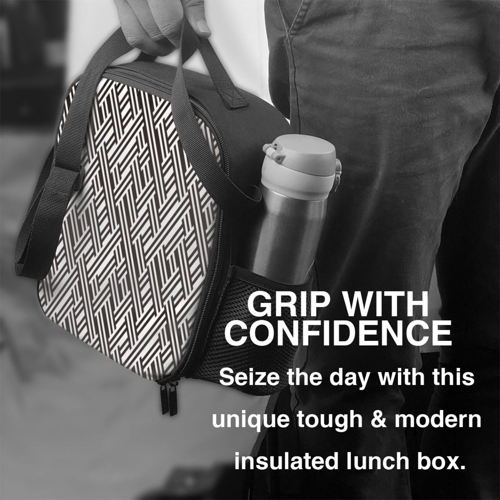 Ratiio Black White Stripes Print Lunch Box - Reusable Lunch Bag Men Adult Women- Insulated LunchBox
