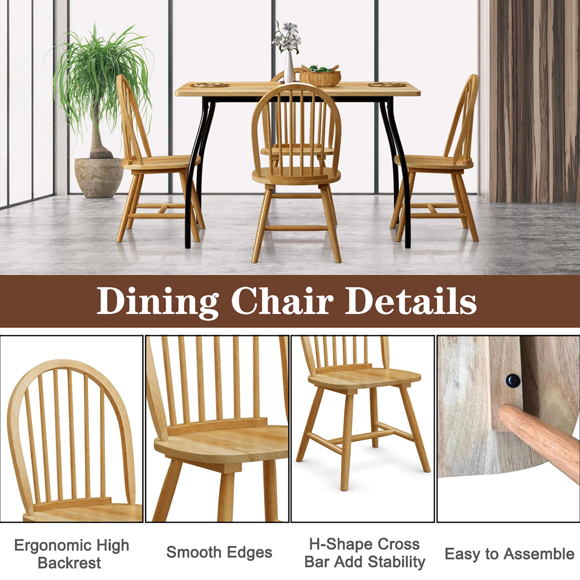 Costway Set of 4 Vintage Windsor Dining Side Chair with Curved