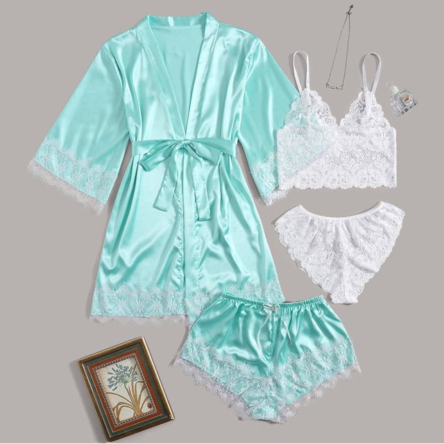 DPTALR Women Plus Size Sexy Lingerie Silk Robe Satin Bathrobe Four-piece Set Sleepwear Pajamas
